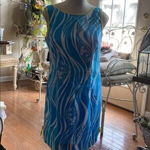 Lilly Pulitzer women’s 10 blue yellow white print sleeveless cotton dress